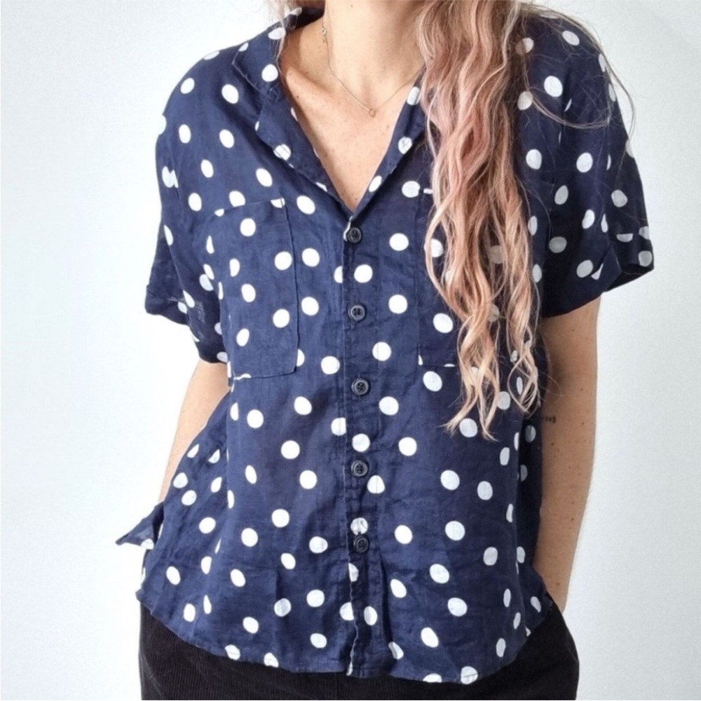 Anthropologie Navy Polka Dot Button Down Shirt